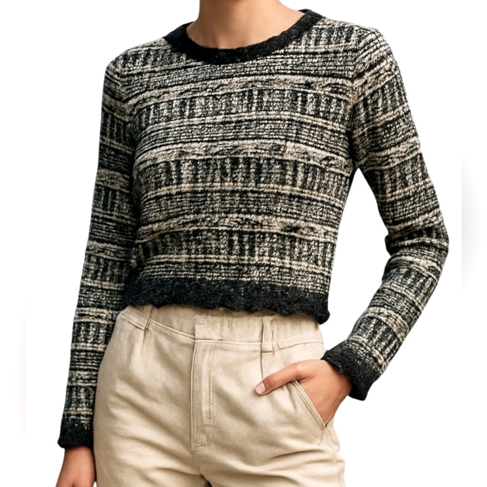 HOUSE of HARLOW 1960 Black Cream Texture Knit Cropped Sweater